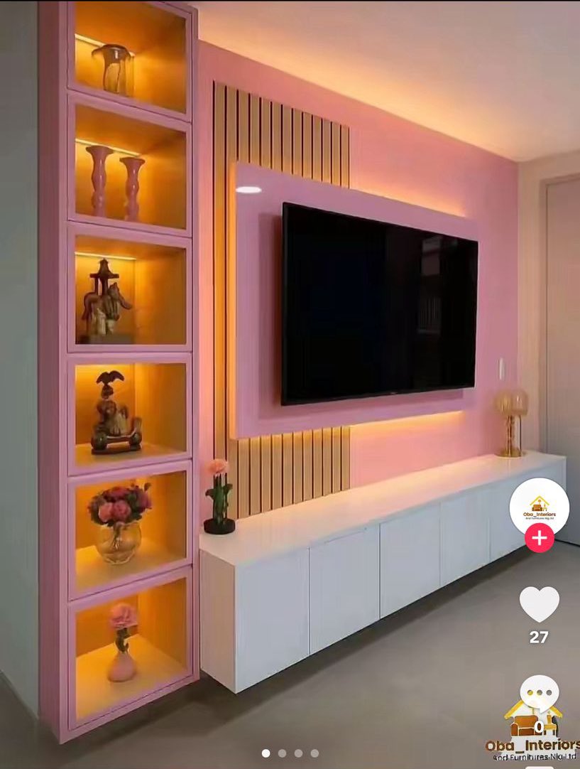Wall-to-wall 8-by-8 tv console with LED lights and compartments.