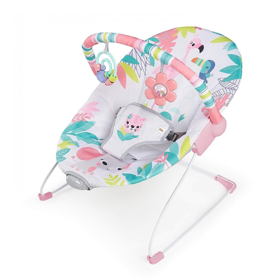 Bright Starts Baby Bouncer Soothing Vibrations Infant Seat – (Flamingo Vibes – Pink)