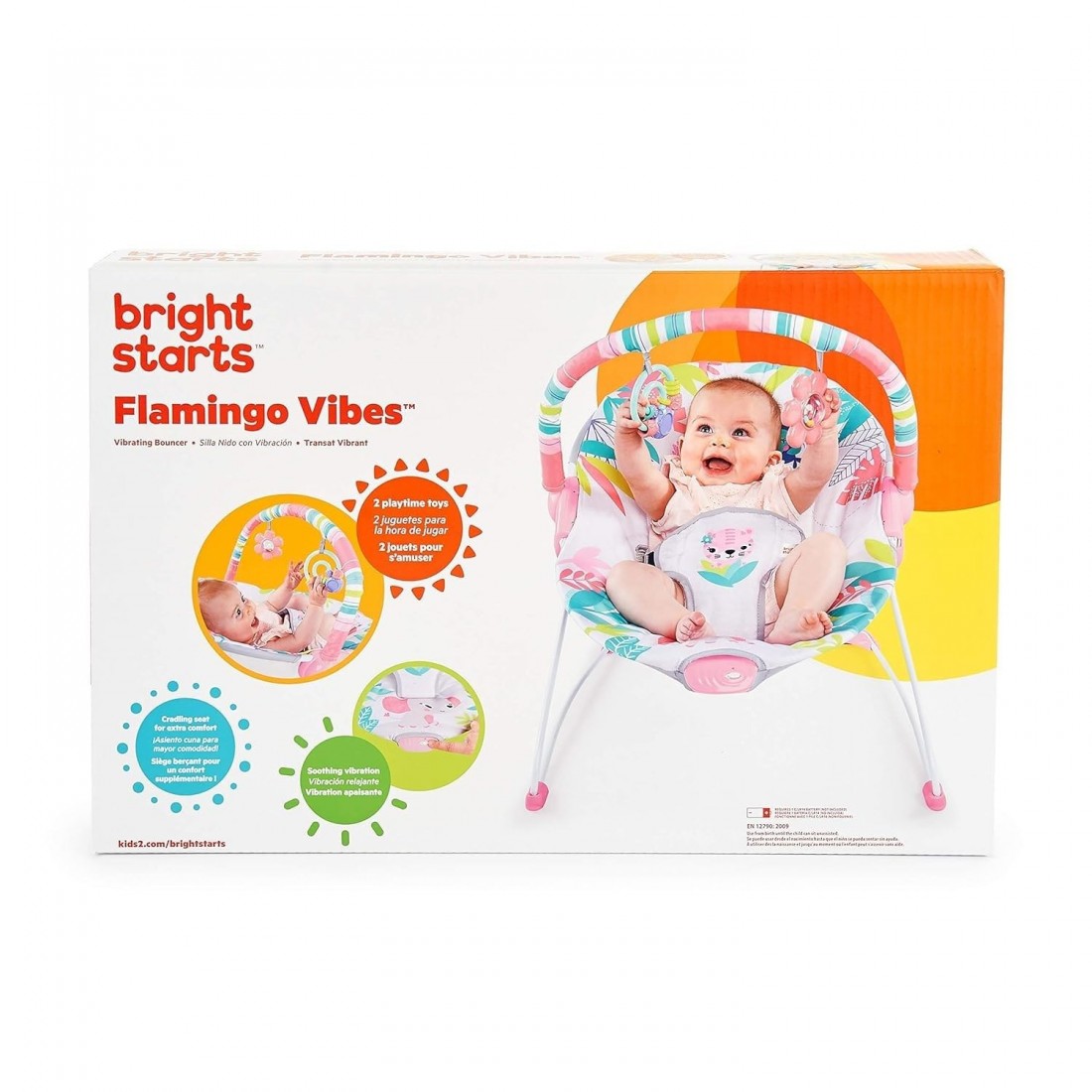 Bright Starts Baby Bouncer Soothing Vibrations Infant Seat – (Flamingo Vibes – Pink)