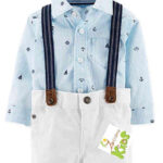 Carter’s 3-Piece Baby Boy Dress-Up Set with a Light Blue Striped, Long-Sleeve, Button-Front Bodysuit Featuring a Nautical Print (Anchors and Sailboats), White Pants, and Dark Blue Suspenders