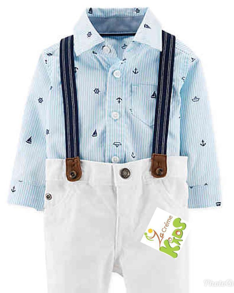 Carter’s 3-Piece Baby Boy Dress-Up Set with a Light Blue Striped, Long-Sleeve, Button-Front Bodysuit Featuring a Nautical Print (Anchors and Sailboats), White Pants, and Dark Blue Suspenders