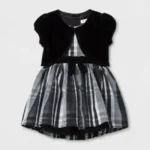 Cat & Jack Girls’ A Line Dress Black & White Plaid W/ Velour Shrug