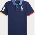 Polo Ralph Lauren Big Pony Cotton Mesh Polo Shirt in Navy Blue with a Light Blue Collar, Multi-Colored Accents, and a White Number “3” Patch on the Sleeve