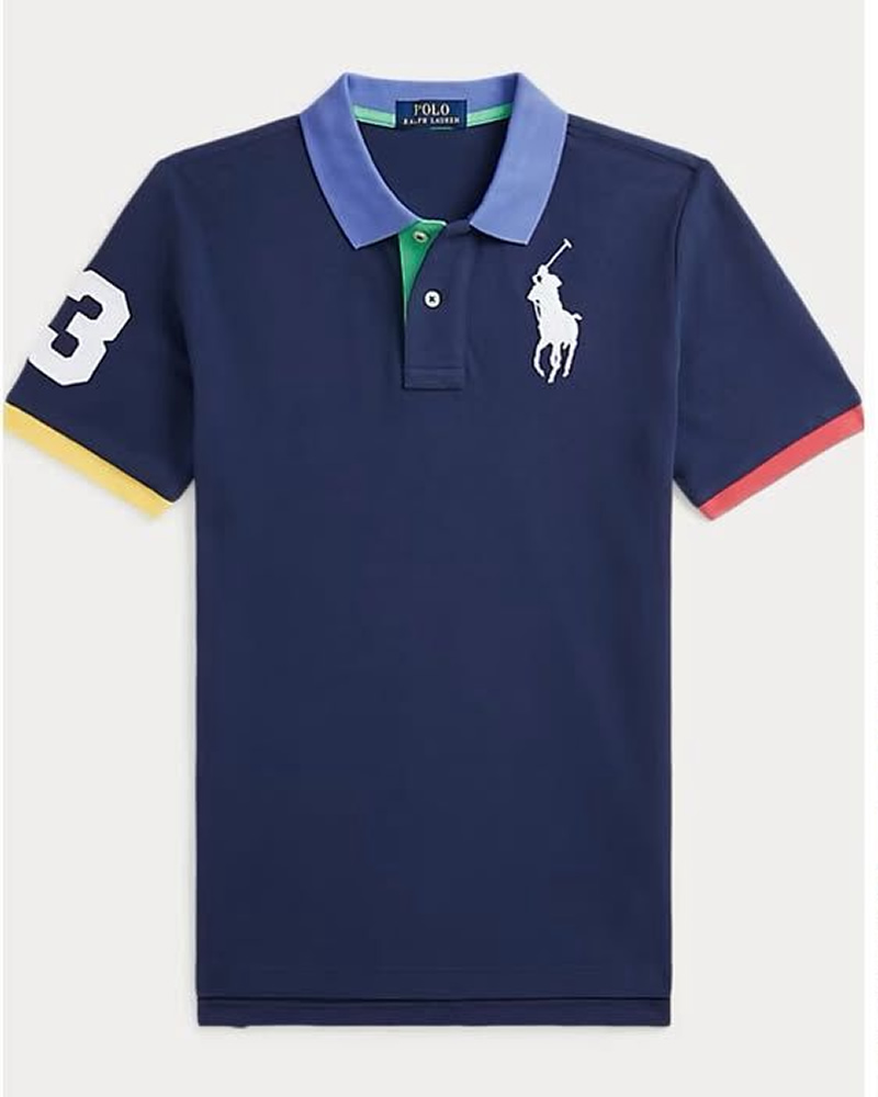 Polo Ralph Lauren Big Pony Cotton Mesh Polo Shirt in Navy Blue with a Light Blue Collar, Multi-Colored Accents, and a White Number “3” Patch on the Sleeve