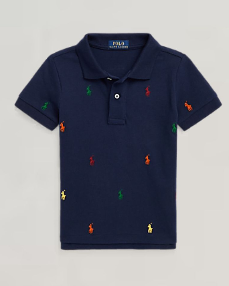 Polo Ralph Lauren Boys’ Polo Pony Cotton Mesh Polo Shirt in Navy Blue with a Multi-Colored Embroidered Pony Motif