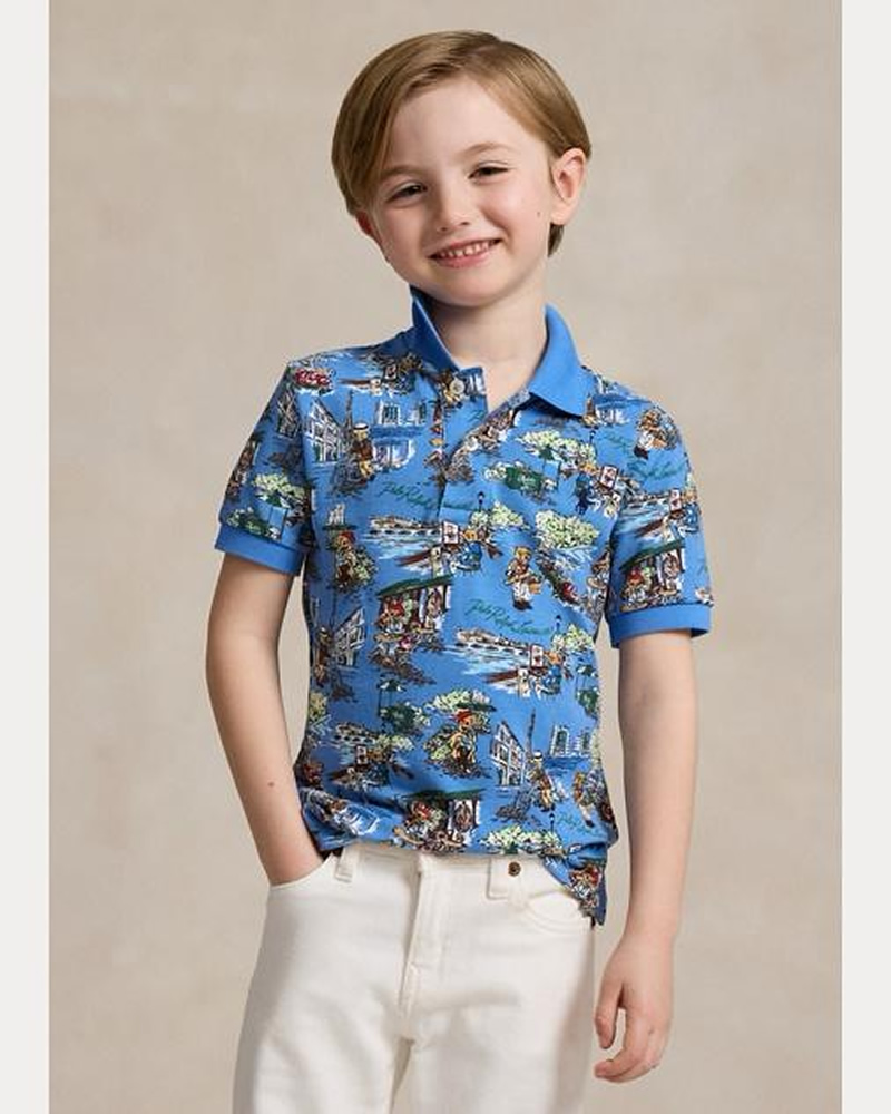 Polo Ralph Lauren Men Polo Bear Paris Blue Mesh Polo Shirt Classic Fit