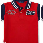 Polo Ralph Lauren Red Polo Shirt with a Navy Blue Collar, Sleeves, and Athletic-Inspired Patches