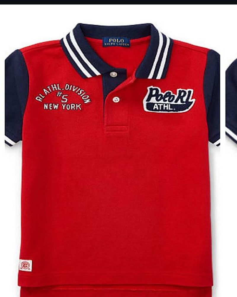 Polo Ralph Lauren Red Polo Shirt with a Navy Blue Collar, Sleeves, and Athletic-Inspired Patches