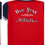 Polo Ralph Lauren Red Polo Shirt with a Navy Blue Collar, Sleeves, and Athletic-Inspired Patches