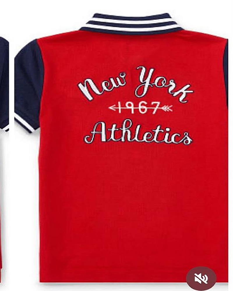 Polo Ralph Lauren Red Polo Shirt with a Navy Blue Collar, Sleeves, and Athletic-Inspired Patches