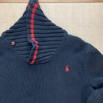 Ralph Lauren navy blue shawl collar sweater with red stripes on the collar and cuffs