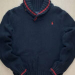 Ralph Lauren navy blue shawl collar sweater with red stripes on the collar and cuffs