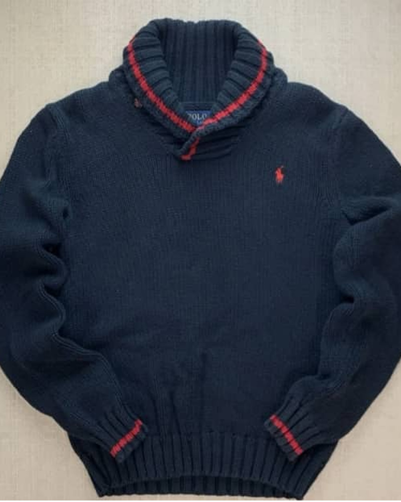 Ralph Lauren navy blue shawl collar sweater with red stripes on the collar and cuffs