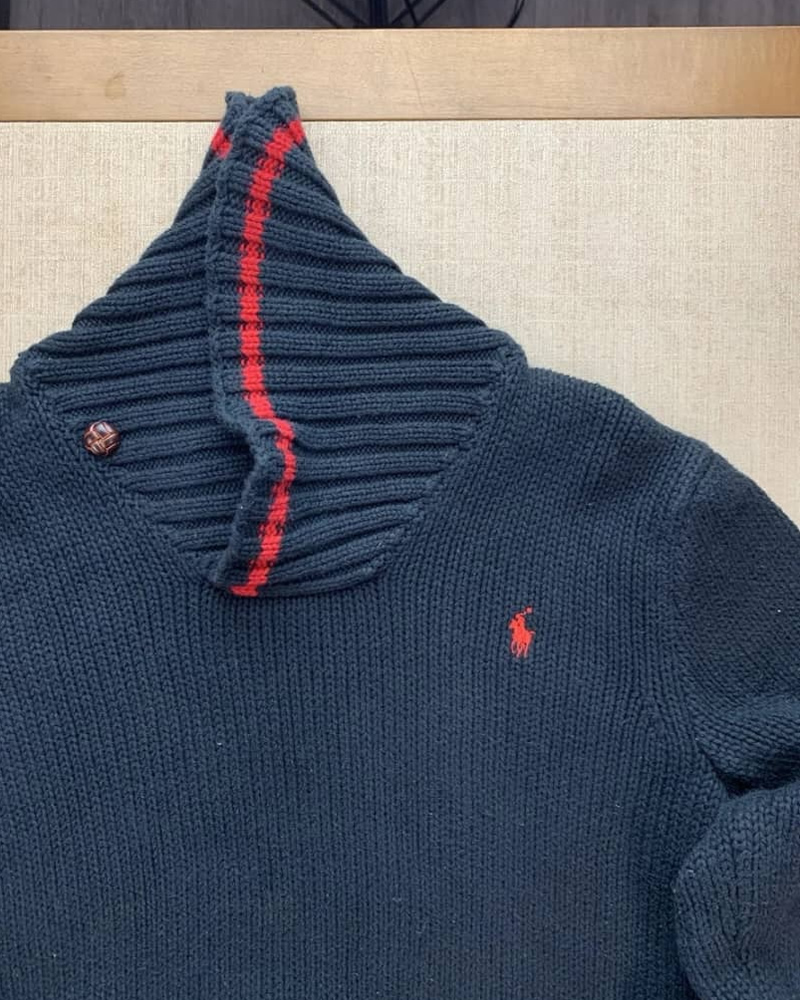 Ralph Lauren navy blue shawl collar sweater with red stripes on the collar and cuffs