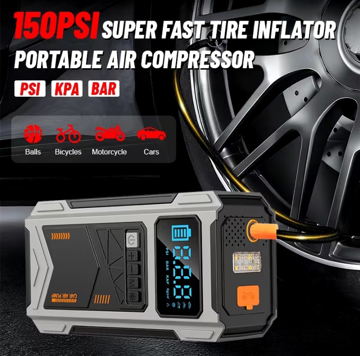 JKUOO 9-in-1 Portable  Jump Starter with Air Compressor, Digital Tire Inflator with 150PSI, 4 Powerful Inflation Modes