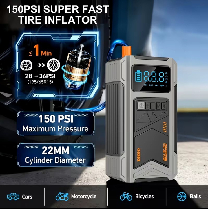 JKUOO 9-in-1 Portable  Jump Starter with Air Compressor, Digital Tire Inflator with 150PSI, 4 Powerful Inflation Modes