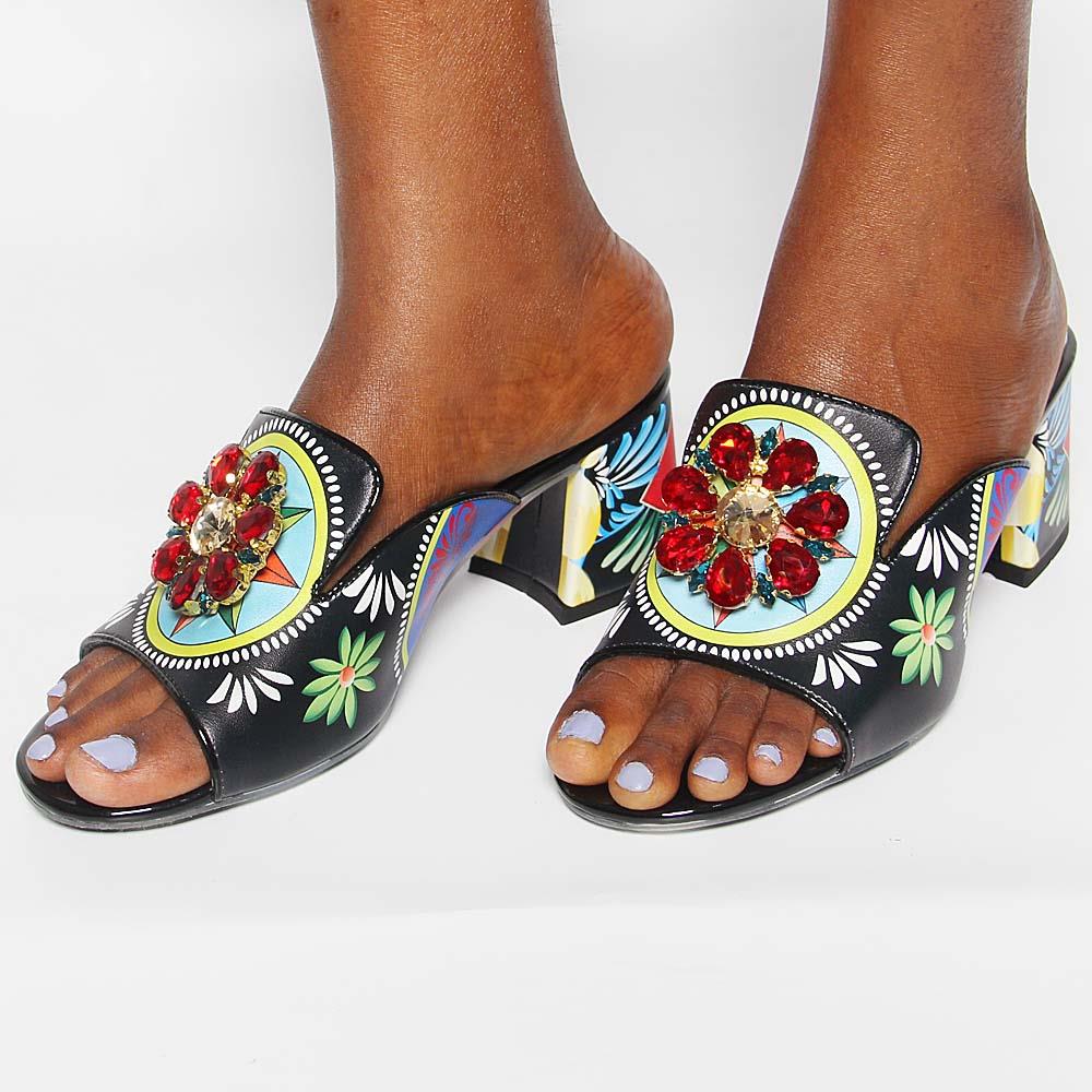 Amalia Black Studded Graphics Print Italian Leather Mid Heel Mule