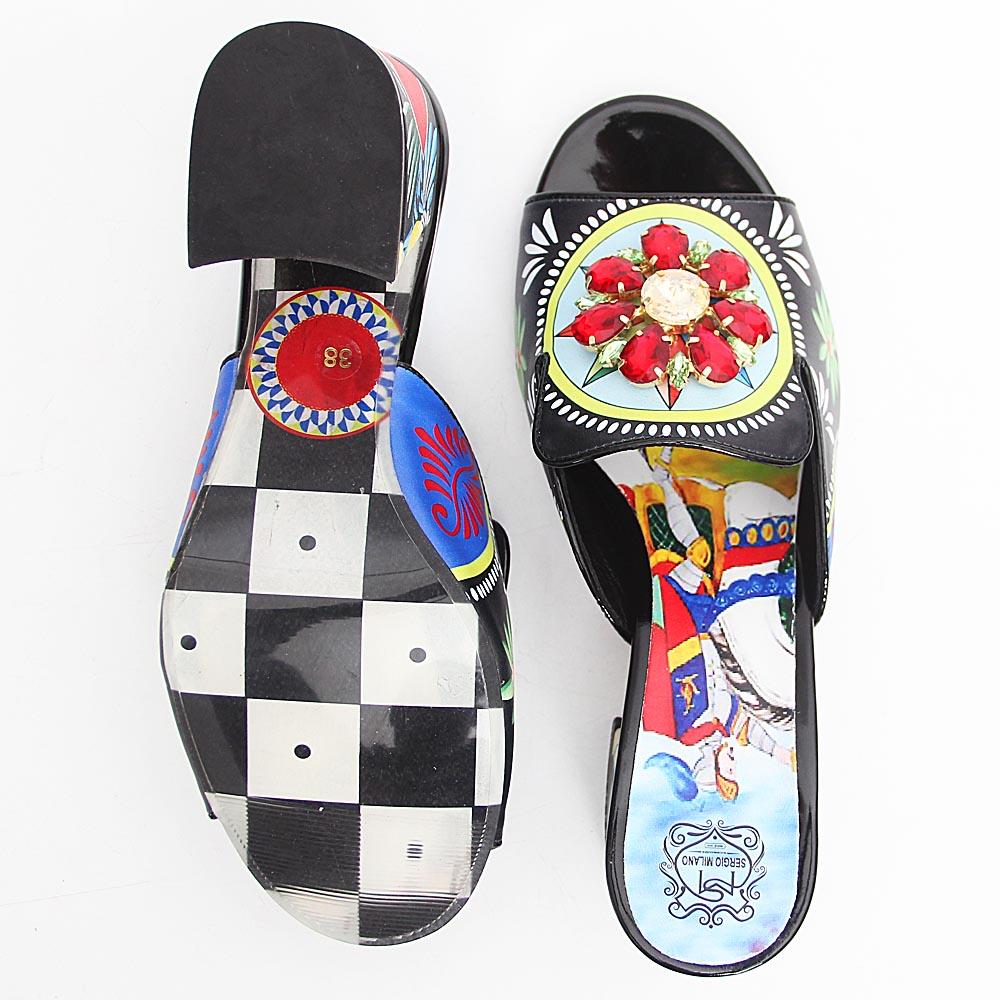 Amalia Black Studded Graphics Print Italian Leather Mid Heel Mule