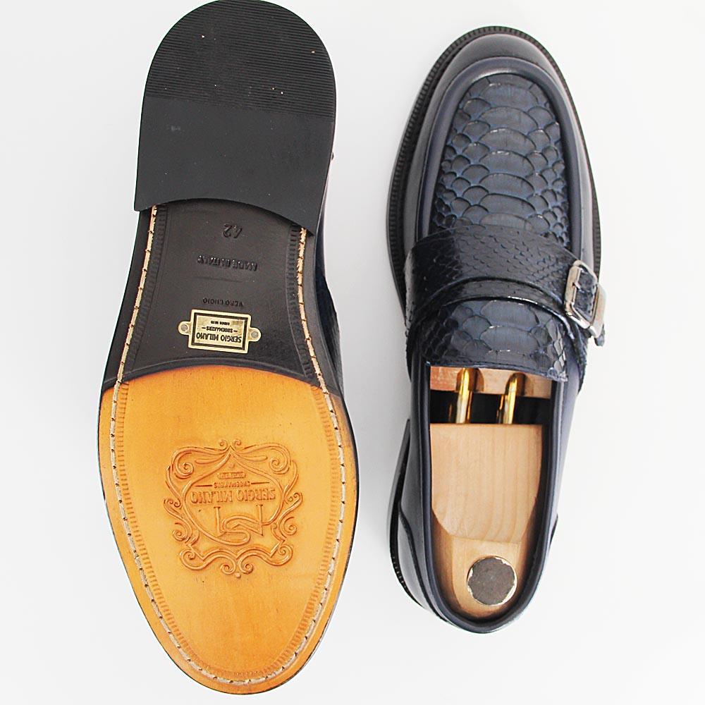 Breno Italian SN Skin Leather Buckle Loafers In Dark Navy