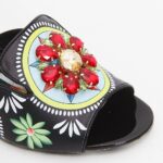 Amalia Black Studded Graphics Print Italian Leather Mid Heel Mule