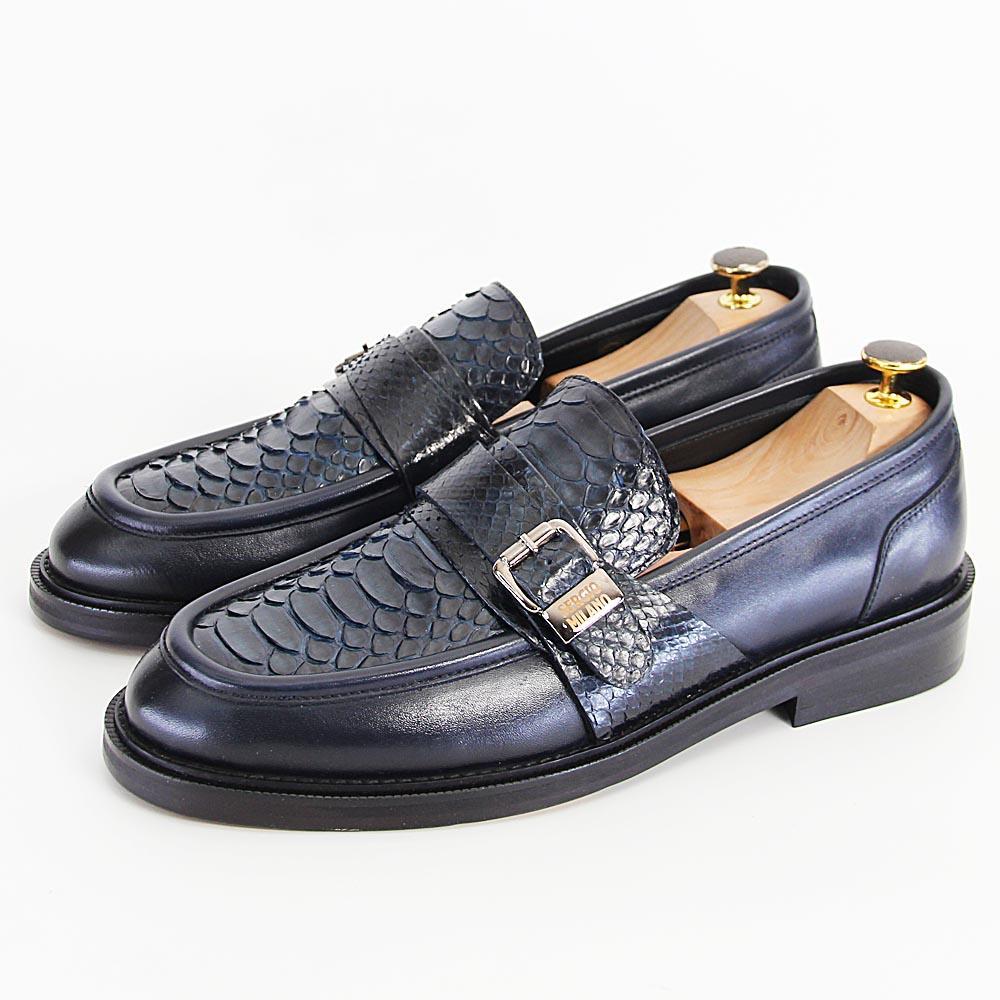 Breno Italian SN Skin Leather Buckle Loafers In Dark Navy
