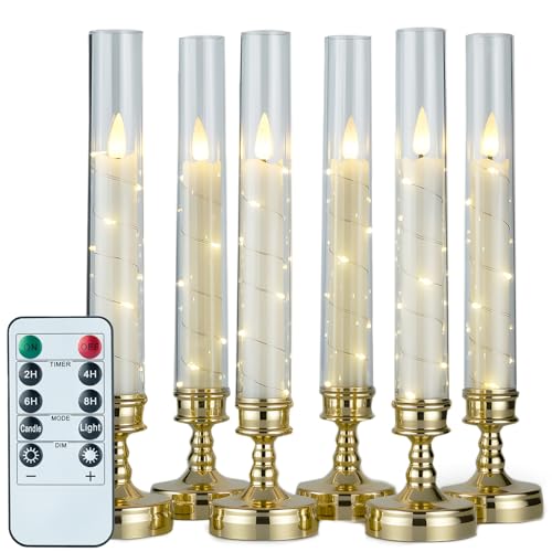 6 PCS Flameless Candles with Remote Timer, Flickering LED Candles Romantic Ambiance with Embedded Star String, Gold Battery Perated Candles Decoration for Wedding Home Table Window Christmas