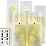 Flameless LED Candles with Timer 5 Pc Flickering Flameless Candles for Romantic Ambiance and Home Decoration Stable Acrylic Shell,with Embedded Star String，Battery Operated Candles（Ivory）