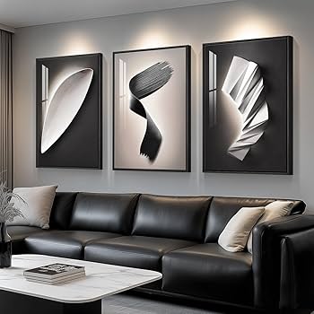 Large Framed Modern Wall Art 3 Piece Set, Black and White Abstract Paintings Artwork Decor, Contemporary Geometric Luxury Bright Style Pictures Prints for Living Room Hallway and Office 24×36 Inch