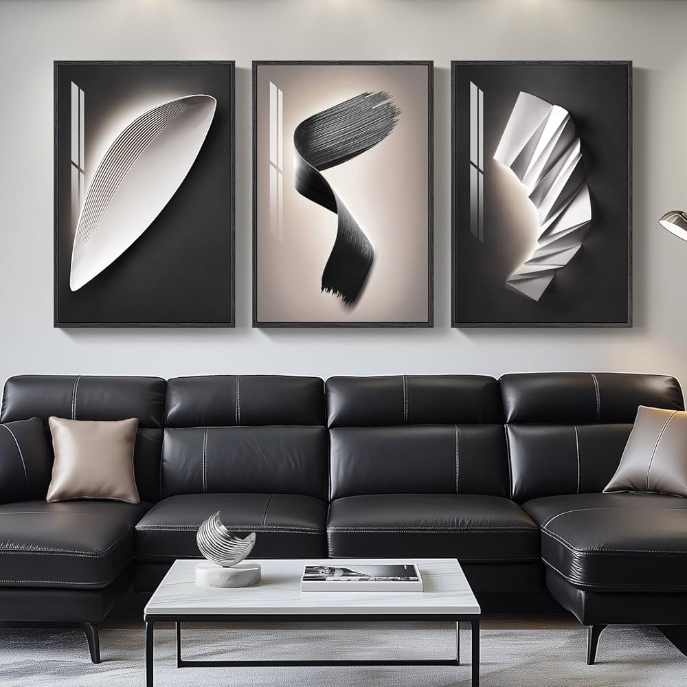 Large Framed Modern Wall Art 3 Piece Set, Black and White Abstract Paintings Artwork Decor, Contemporary Geometric Luxury Bright Style Pictures Prints for Living Room Hallway and Office 24×36 Inch