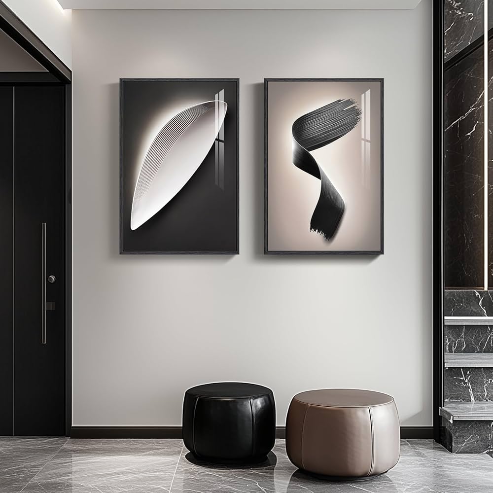 Large Framed Modern Wall Art 3 Piece Set, Black and White Abstract Paintings Artwork Decor, Contemporary Geometric Luxury Bright Style Pictures Prints for Living Room Hallway and Office 24×36 Inch