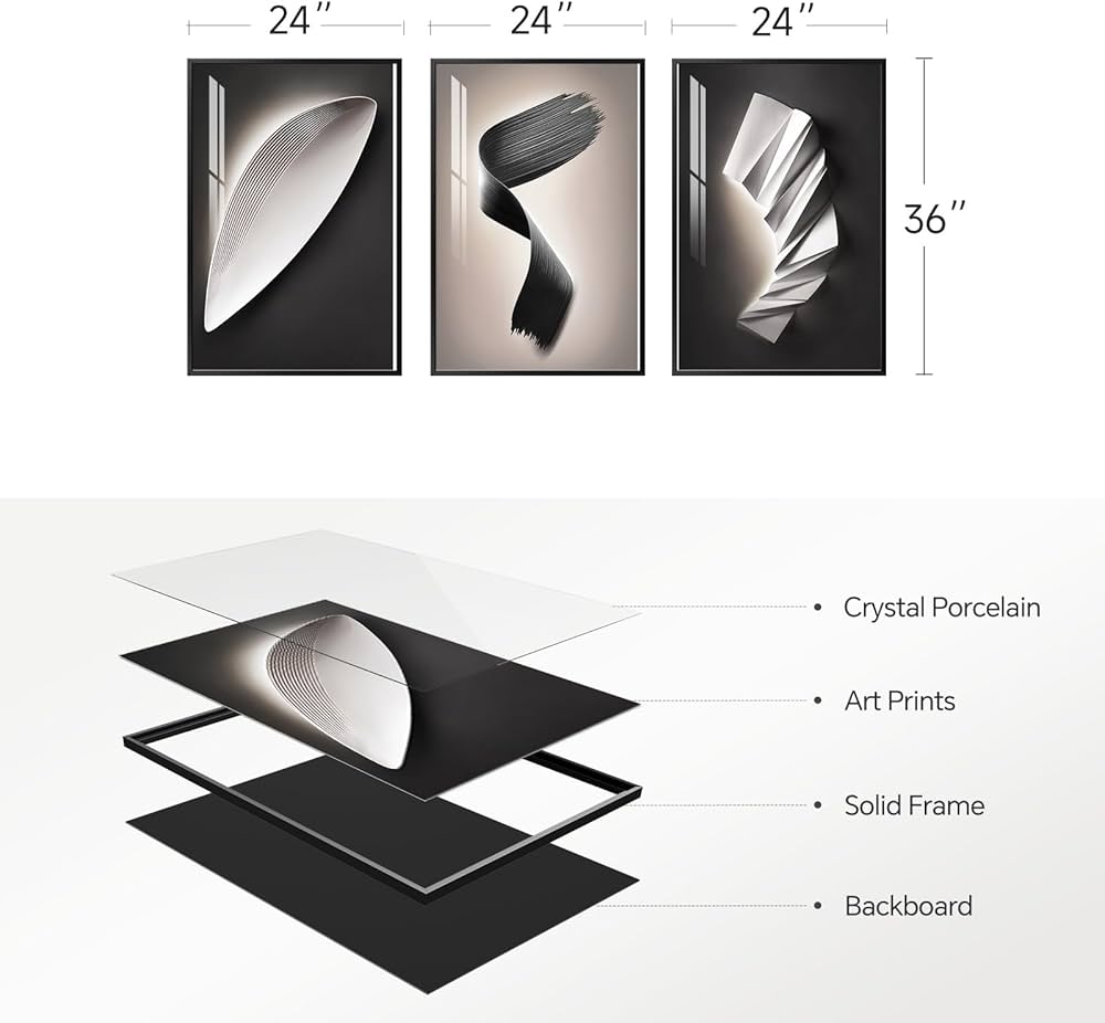 Large Framed Modern Wall Art 3 Piece Set, Black and White Abstract Paintings Artwork Decor, Contemporary Geometric Luxury Bright Style Pictures Prints for Living Room Hallway and Office 24×36 Inch