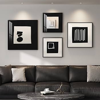 4 Piece Framed Modern Black and White Wall Art Set, Large Minimalist Abstract Prints Painting, Bright Style Geometric Picture Artworks Decor for Living Room Dining Room Hallway Bedroom Home Office