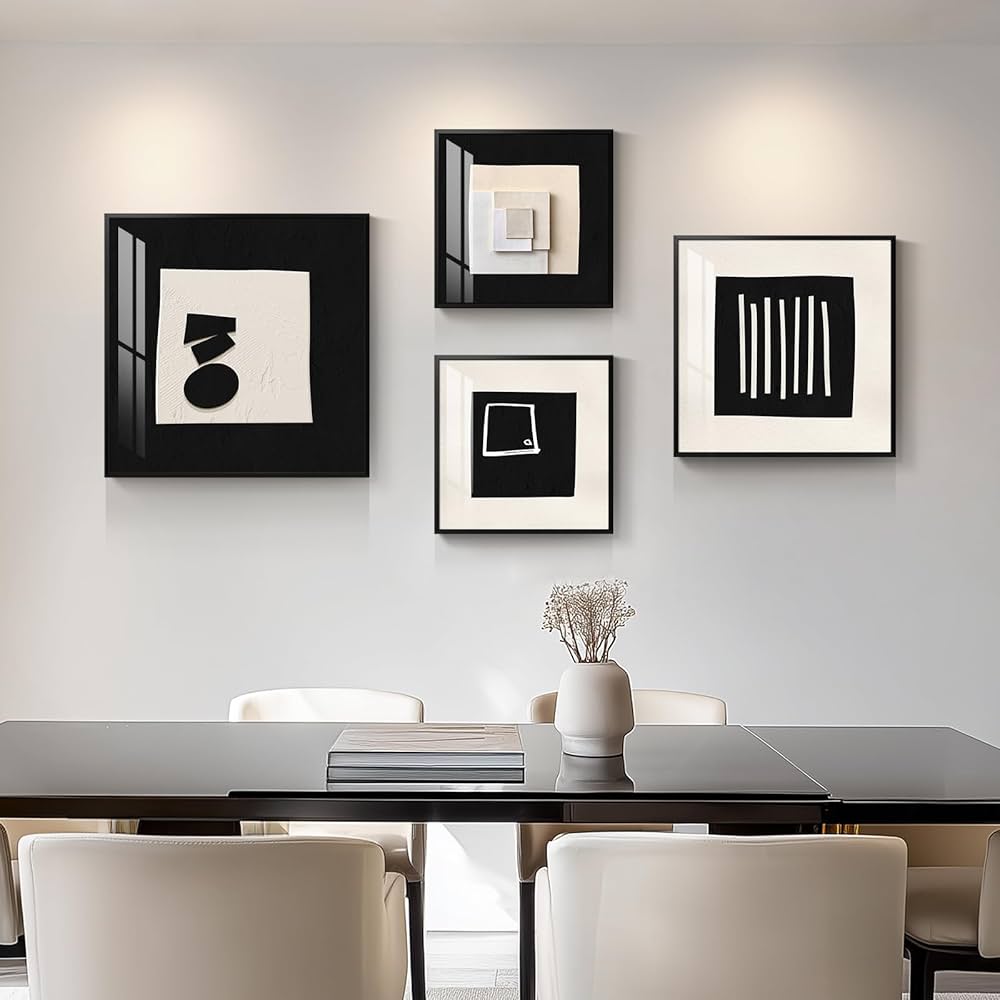 4 Piece Framed Modern Black and White Wall Art Set, Large Minimalist Abstract Prints Painting, Bright Style Geometric Picture Artworks Decor for Living Room Dining Room Hallway Bedroom Home Office