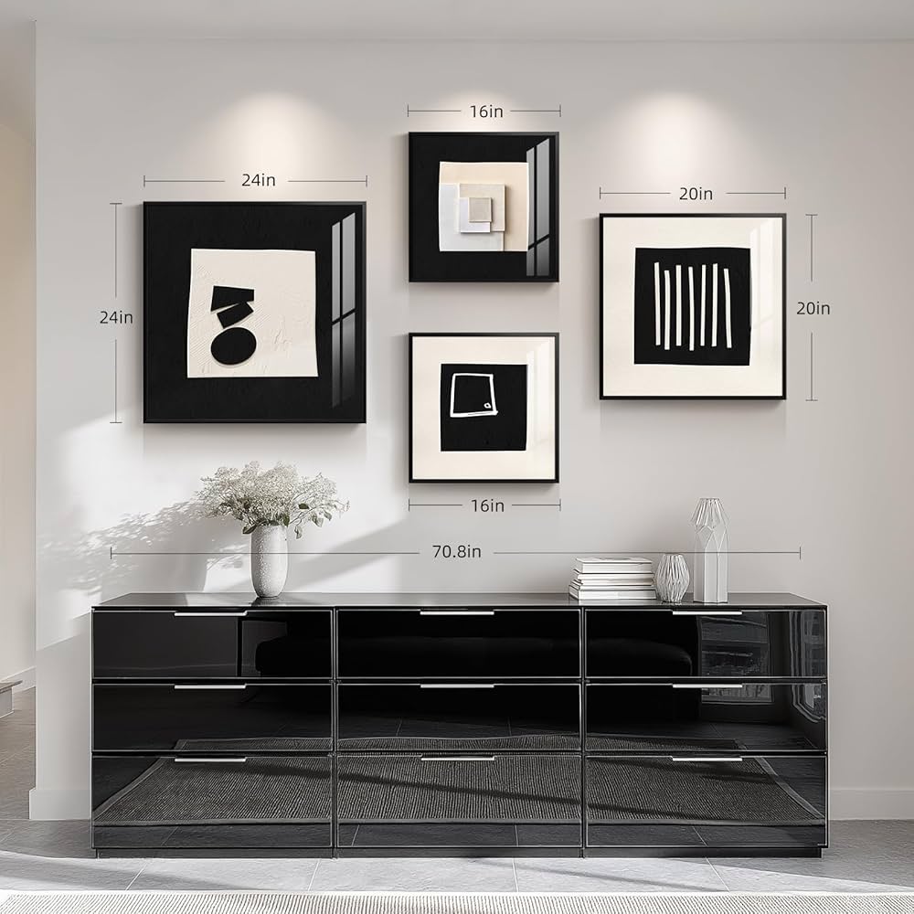4 Piece Framed Modern Black and White Wall Art Set, Large Minimalist Abstract Prints Painting, Bright Style Geometric Picture Artworks Decor for Living Room Dining Room Hallway Bedroom Home Office
