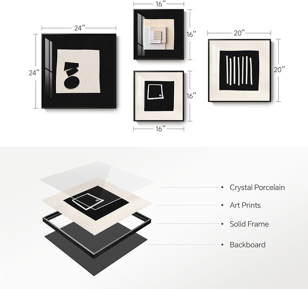 4 Piece Framed Modern Black and White Wall Art Set, Large Minimalist Abstract Prints Painting, Bright Style Geometric Picture Artworks Decor for Living Room Dining Room Hallway Bedroom Home Office