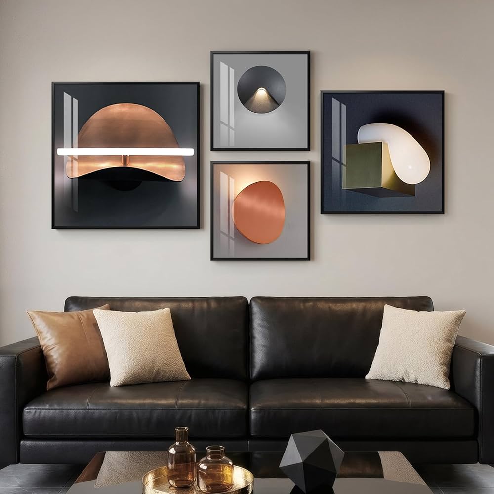 4 Piece Framed Modern Wall Art Set, Abstract Luxury Geometric Prints Artworks, Contemporary Minimalist Orange Gray and Gold Pictures Painting for Living Room, Bedroom, Hallway and Office