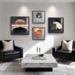 4 Piece Framed Modern Wall Art Set, Abstract Luxury Geometric Prints Artworks, Contemporary Minimalist Orange Gray and Gold Pictures Painting for Living Room, Bedroom, Hallway and Office