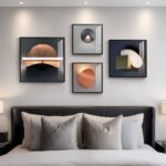 4 Piece Framed Modern Wall Art Set, Abstract Luxury Geometric Prints Artworks, Contemporary Minimalist Orange Gray and Gold Pictures Painting for Living Room, Bedroom, Hallway and Office