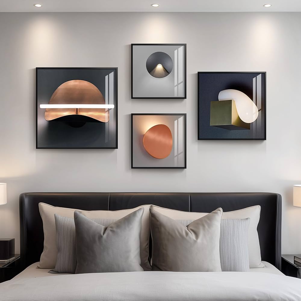Large Framed Modern Wall Art for Bedroom, 4 Piece Luxury Bright Style Picture Artworks Decor, Minimalist Geometric Painting Prints for Living Room Dining Room Hallway