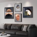4 Piece Framed Modern Wall Art Set, Abstract Luxury Geometric Prints Artworks, Contemporary Minimalist Orange Gray and Gold Pictures Painting for Living Room, Bedroom, Hallway and Office