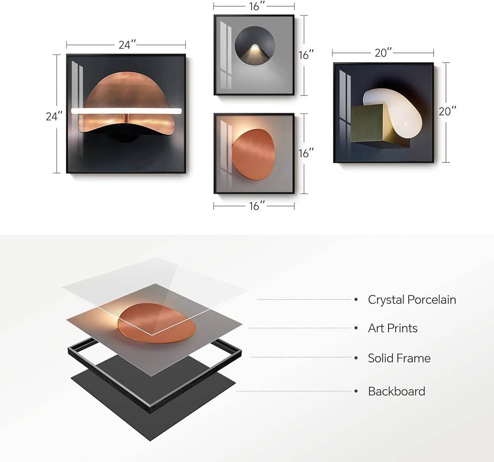 Large Framed Modern Wall Art for Bedroom, 4 Piece Luxury Bright Style Picture Artworks Decor, Minimalist Geometric Painting Prints for Living Room Dining Room Hallway