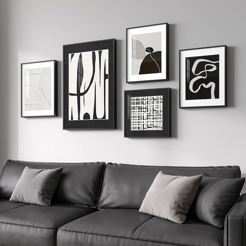 Framed Black and White Abstract Wall Art for Living Room, 5 Piece Modern Prints Paintings Artwork for Walls, Minimalist Black White Pictures for Hallway, Dining Room, Bedroom, Home Office Wall Decor