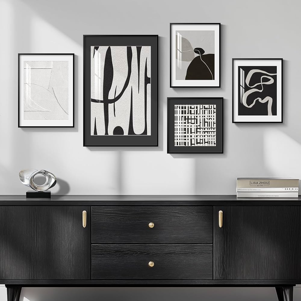 Framed Black and White Abstract Wall Art for Living Room, 5 Piece Modern Prints Paintings Artwork for Walls, Minimalist Black White Pictures for Hallway, Dining Room, Bedroom, Home Office Wall Decor