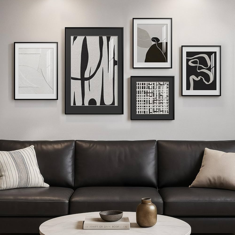 Framed Black and White Abstract Wall Art for Living Room, 5 Piece Modern Prints Paintings Artwork for Walls, Minimalist Black White Pictures for Hallway, Dining Room, Bedroom, Home Office Wall Decor