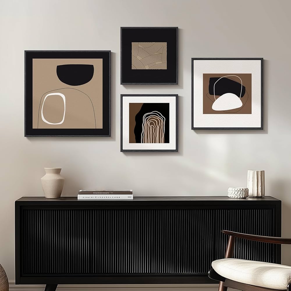 Framed Neutral Abstract Wall Art for Living Room, 4 Piece Modern Black Brown Geometric Canvas Paintings Artwork for Walls-Minimalist Pictures for Hallway Dining Room Bedroom Office Wall Decor