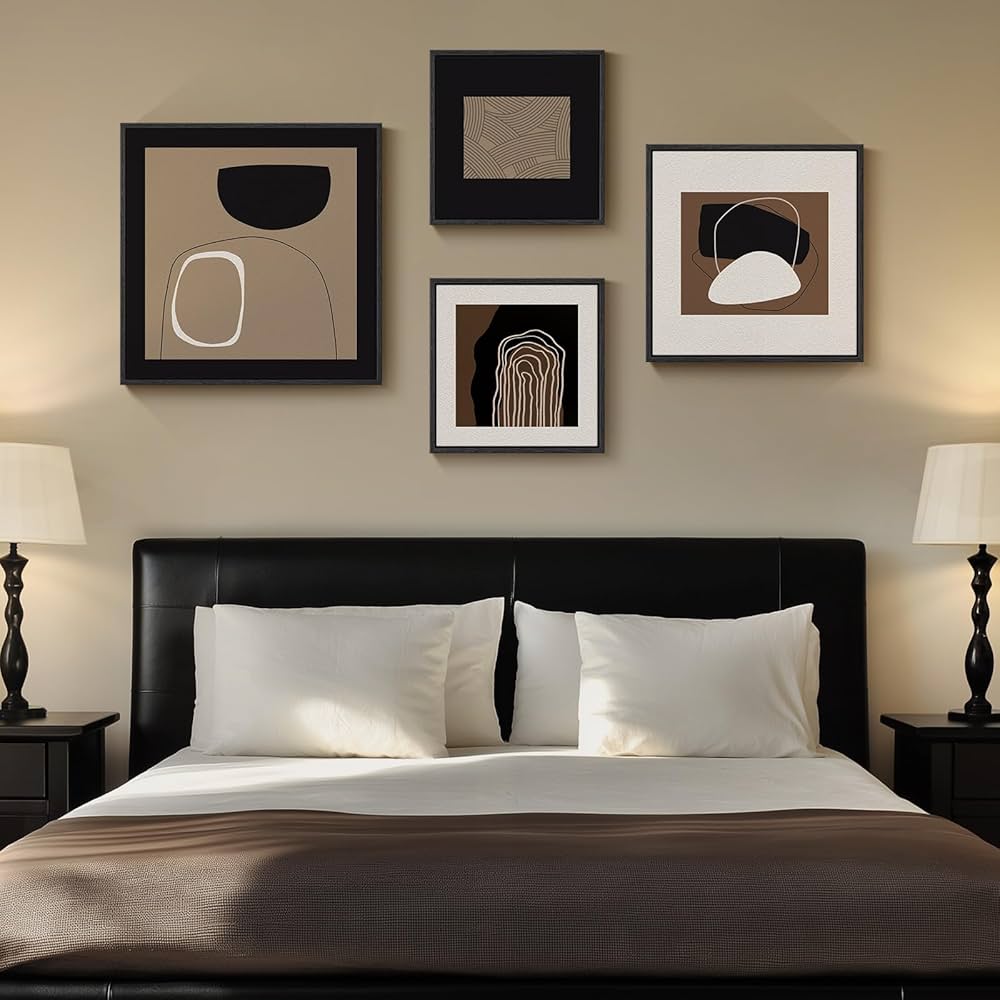 Framed Neutral Abstract Wall Art for Living Room, 4 Piece Modern Black Brown Geometric Canvas Paintings Artwork for Walls-Minimalist Pictures for Hallway Dining Room Bedroom Office Wall Decor