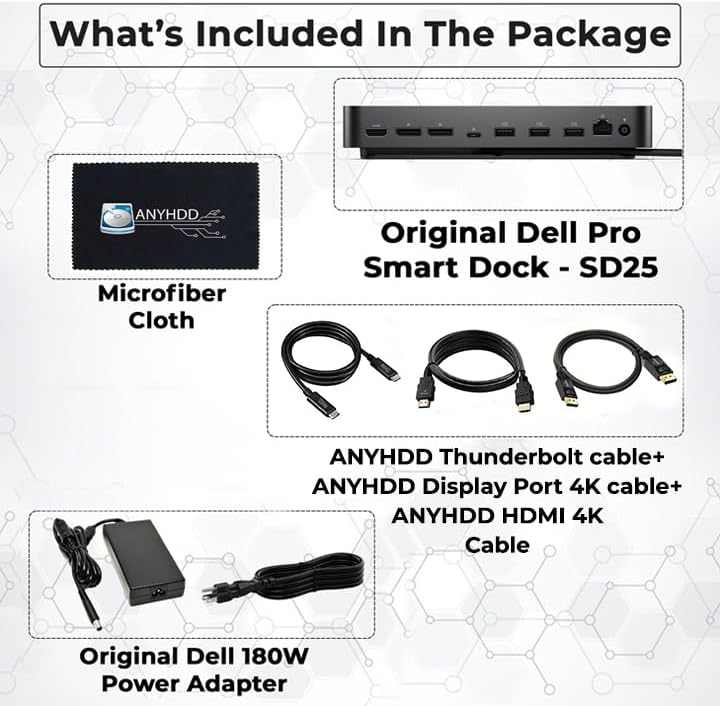 Dell Pro Smart Dock SD25 Bundle – 10Gbps, 3 Year Warranty, Supports Dual/Triple Monitors & 4K Displays with 180W Power Supply, Anyhdd HDMI, DisplayPort, USB C Cable, Cloth – Docking Station