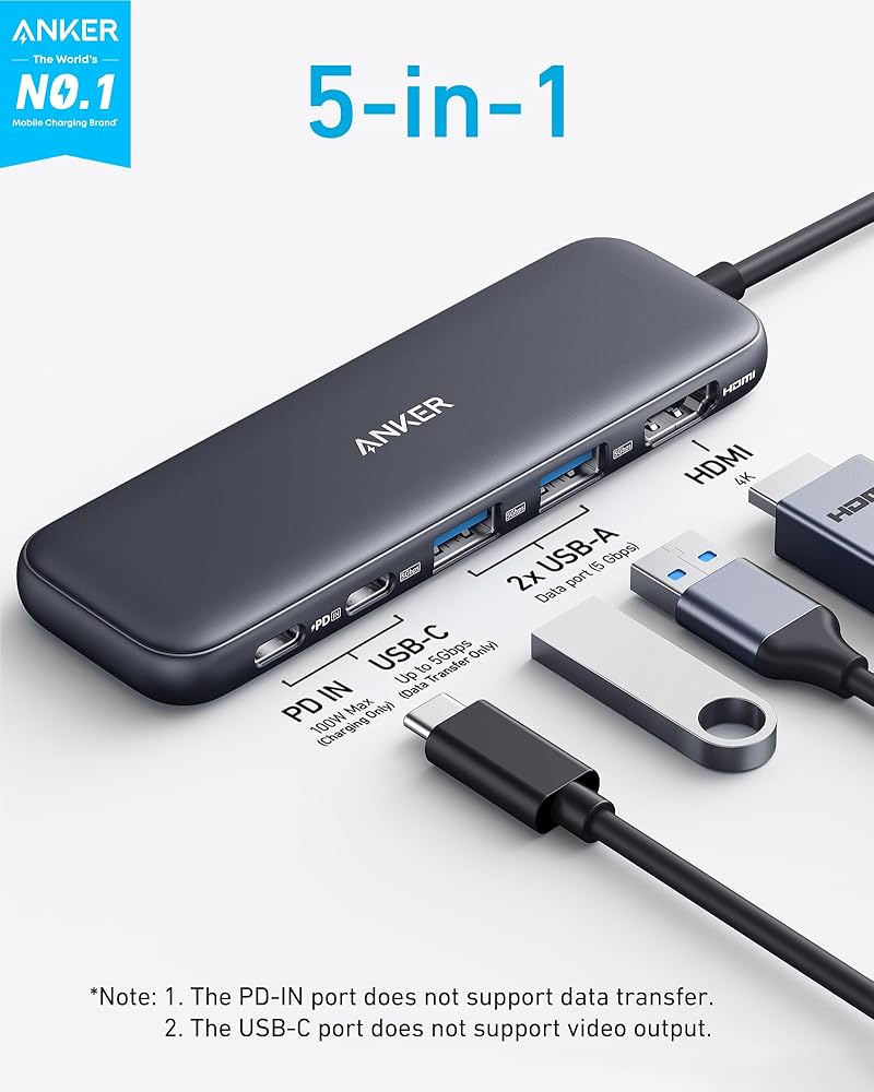 Anker USB C Hub, 5-in-1 USBC to HDMI Splitter with 4K Display, 1 x Powered USB-C 5Gbps & 2×Powered USB-A 3.0 5Gbps Data Ports for MacBook Pro, MacBook Air, Dell and More