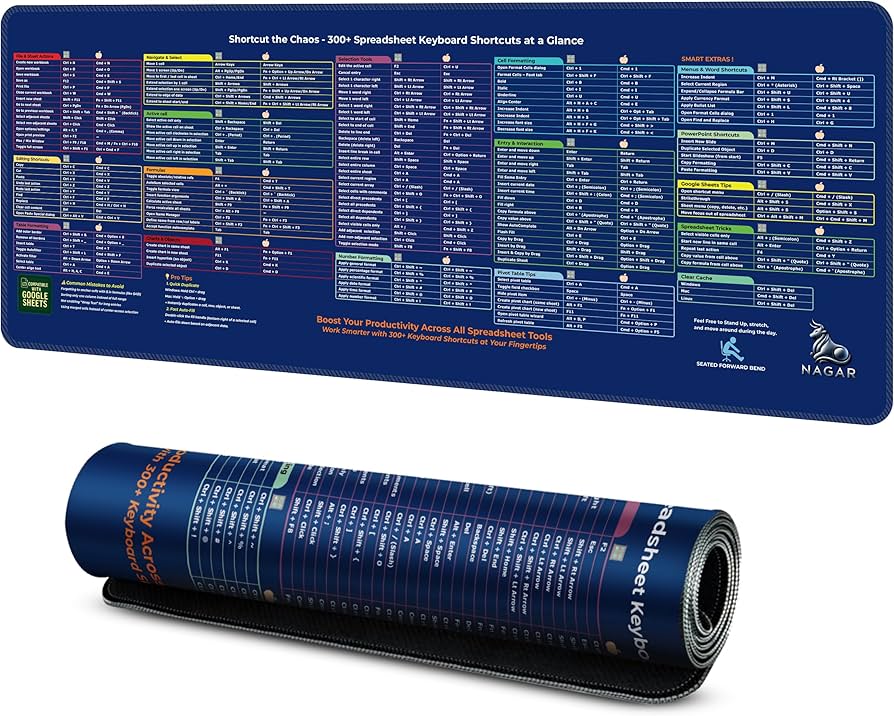 Excel Shortcut Desk Pad 85×32 cm – Large Waterproof Office Desk Mat with 300+ Keyboard Shortcuts for Windows & Mac, Non-Slip Rubber Base, Stitched Edges – NAGAR