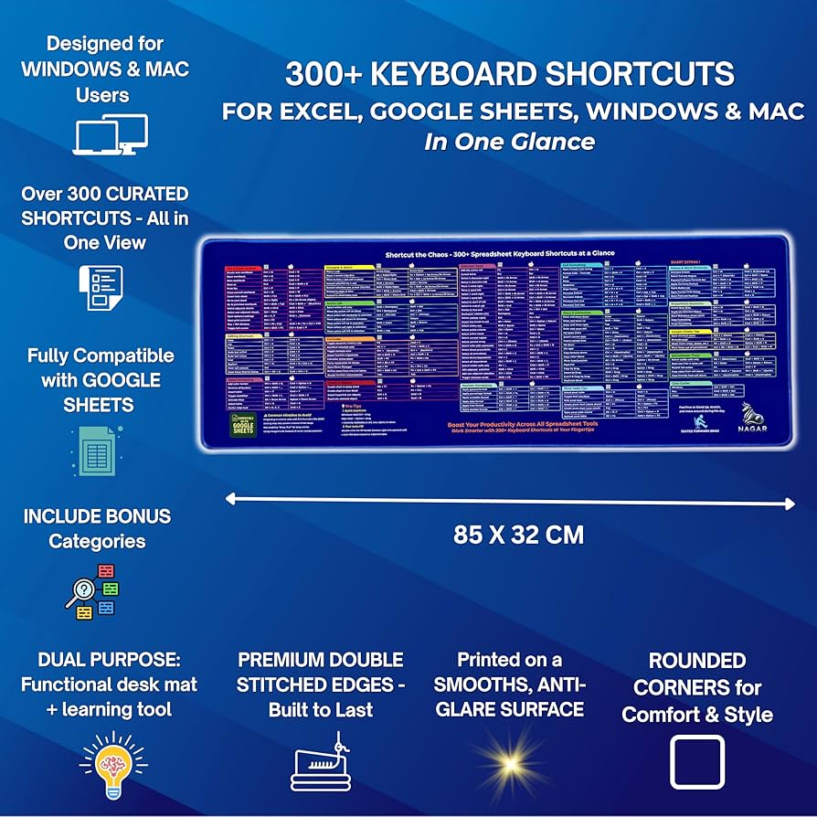 Excel Shortcut Desk Pad 85×32 cm – Large Waterproof Office Desk Mat with 300+ Keyboard Shortcuts for Windows & Mac, Non-Slip Rubber Base, Stitched Edges – NAGAR